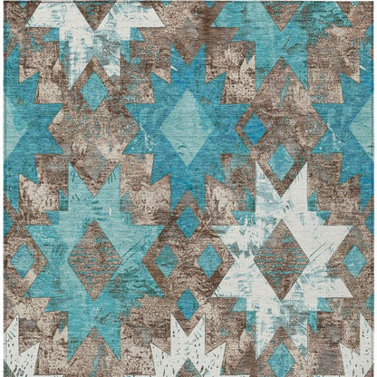 10' X 14' Teal Blue Brown And Ivory Aztec Washable Indoor Outdoor Area Rug HomeRoots