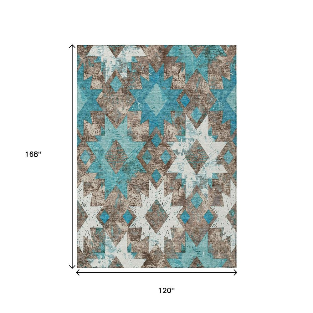 10' X 14' Teal Blue Brown And Ivory Aztec Washable Indoor Outdoor Area Rug — view 6