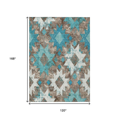 10' X 14' Teal Blue Brown And Ivory Aztec Washable Indoor Outdoor Area Rug HomeRoots