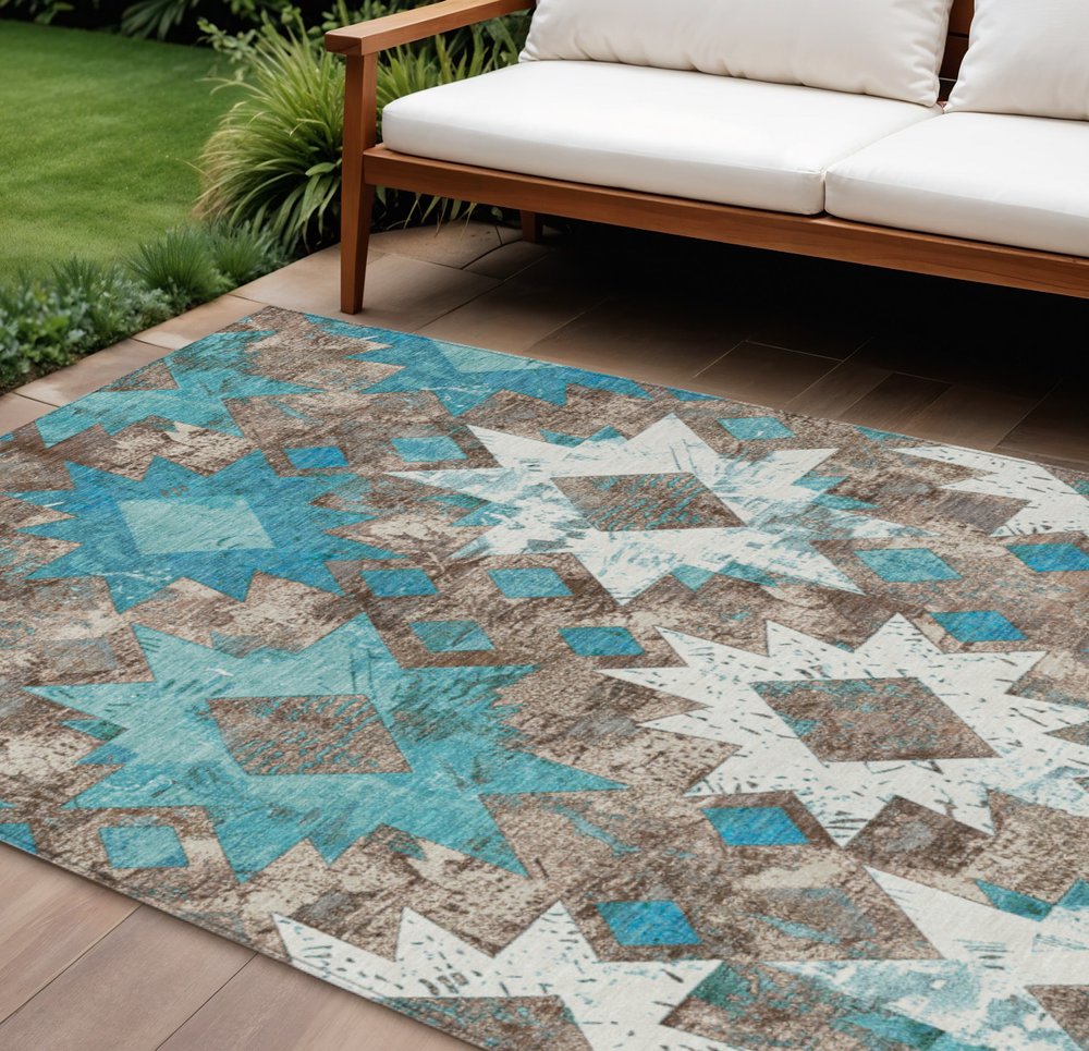 10' X 14' Teal Blue Brown And Ivory Aztec Washable Indoor Outdoor Area Rug HomeRoots