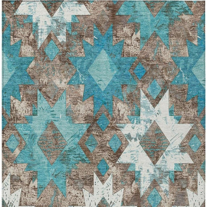 10' X 14' Teal Blue Brown And Ivory Aztec Washable Indoor Outdoor Area Rug HomeRoots