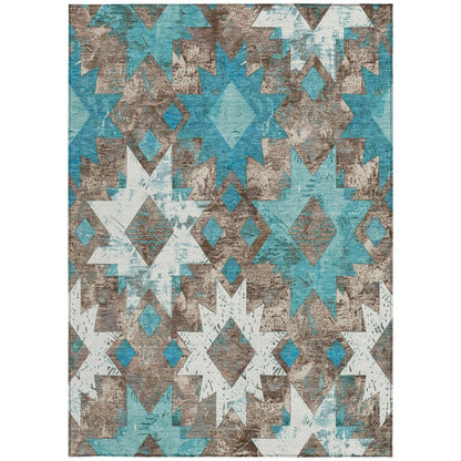 10' X 14' Teal Blue Brown And Ivory Aztec Washable Indoor Outdoor Area Rug HomeRoots