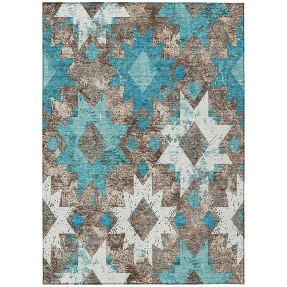 10' X 14' Teal Blue Brown And Ivory Aztec Washable Indoor Outdoor Area Rug — view 1