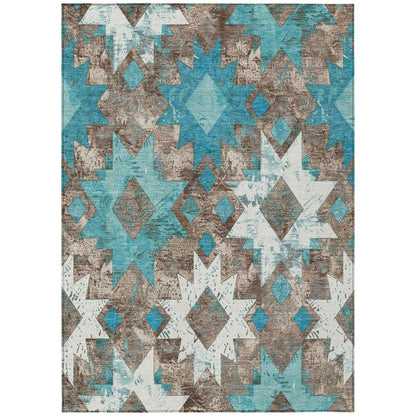 10' X 14' Teal Blue Brown And Ivory Aztec Washable Indoor Outdoor Area Rug HomeRoots