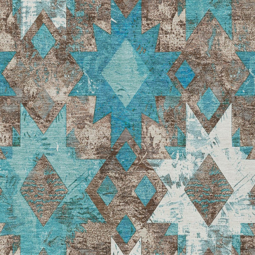 10' X 14' Teal Blue Brown And Ivory Aztec Washable Indoor Outdoor Area Rug HomeRoots