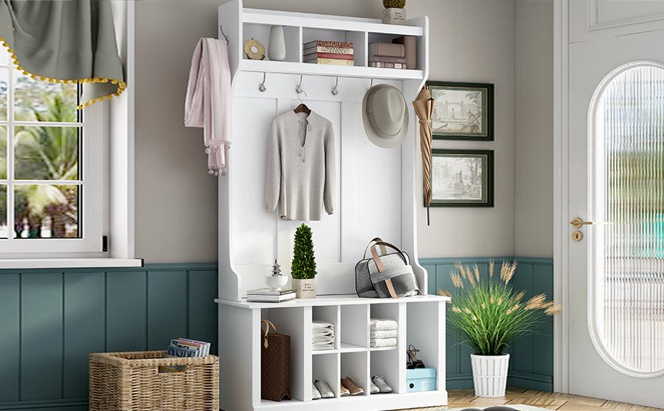 U-Can Hall Tree with 6 Hooks Coat Hanger Entryway Bench Storage Bench (White) - FurniFindUSA