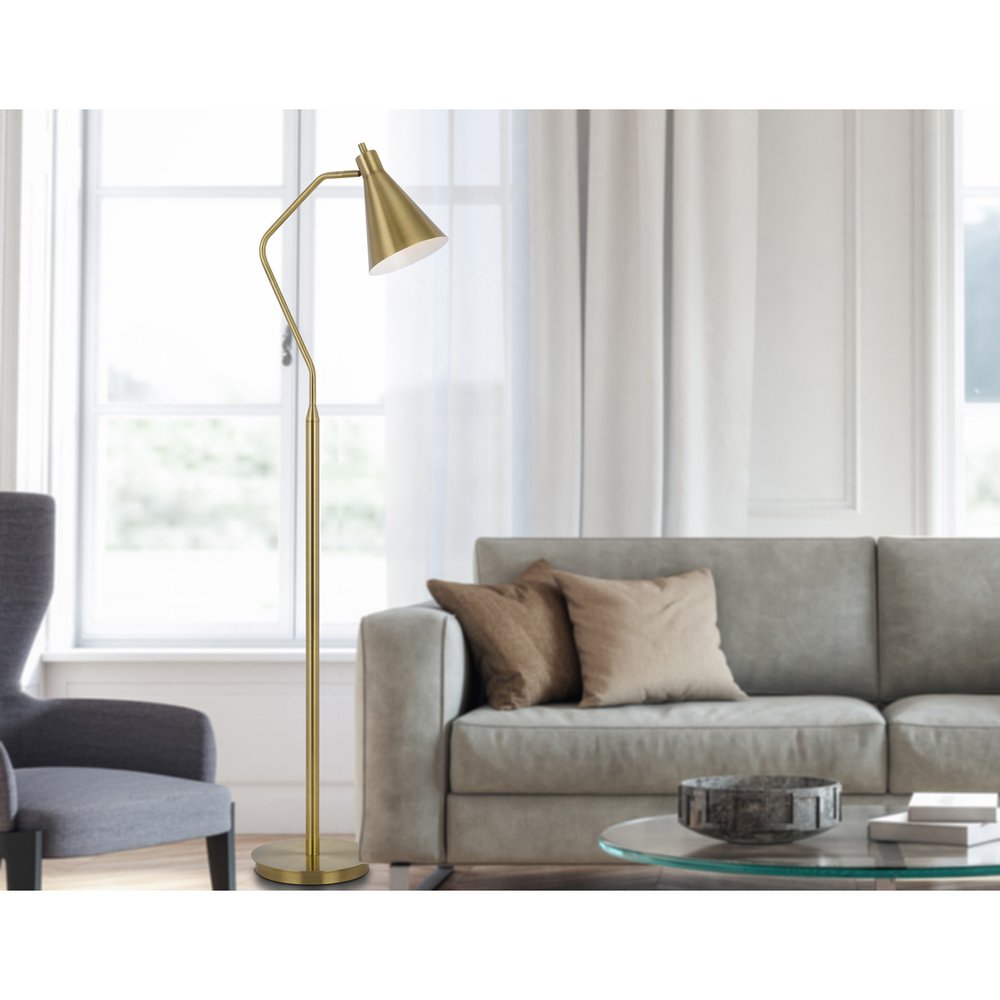 63" Antiqued Brass Metal Reading Floor Lamp With Antiqued Brass Metal Cone Shade HomeRoots