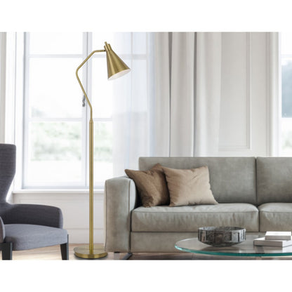 63" Antiqued Brass Metal Reading Floor Lamp With Antiqued Brass Metal Cone Shade HomeRoots