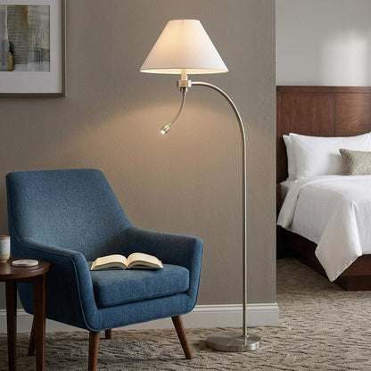 68" Nickel Metal Reading Floor Lamp With White Fabric Empire Shade HomeRoots