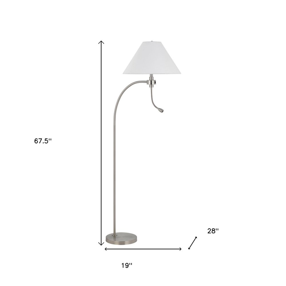 68" Nickel Metal Reading Floor Lamp With White Fabric Empire Shade HomeRoots