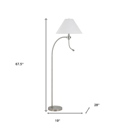 68" Nickel Metal Reading Floor Lamp With White Fabric Empire Shade HomeRoots