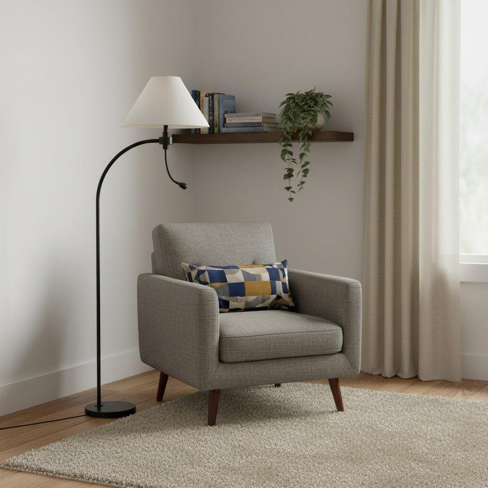 68" Bronze Metal Reading Floor Lamp With Off White Fabric Empire Shade — view 8