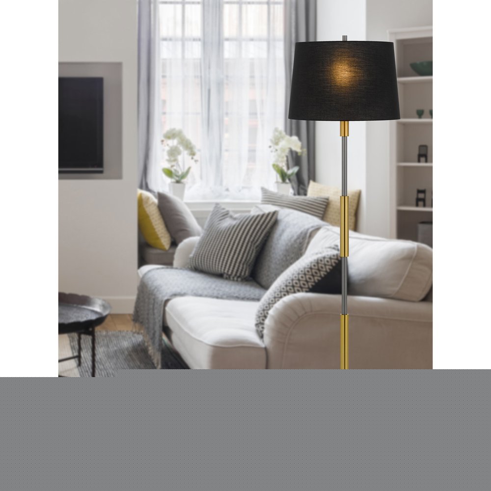 60" Antiqued Brass Metal Floor Lamp With Black Fabric Drum Shade HomeRoots