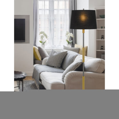 60" Antiqued Brass Metal Floor Lamp With Black Fabric Drum Shade HomeRoots