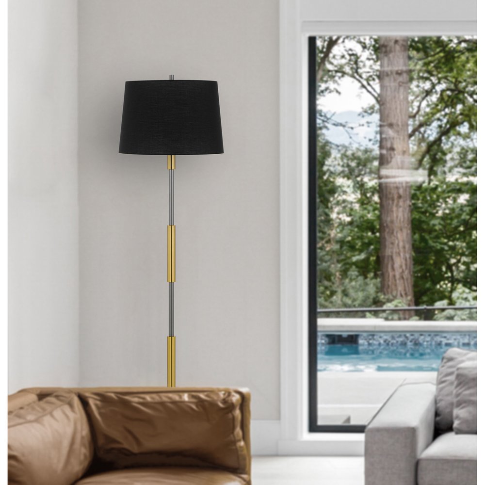 60" Antiqued Brass Metal Floor Lamp With Black Fabric Drum Shade HomeRoots