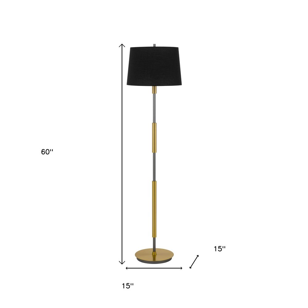 60" Antiqued Brass Metal Floor Lamp With Black Fabric Drum Shade HomeRoots
