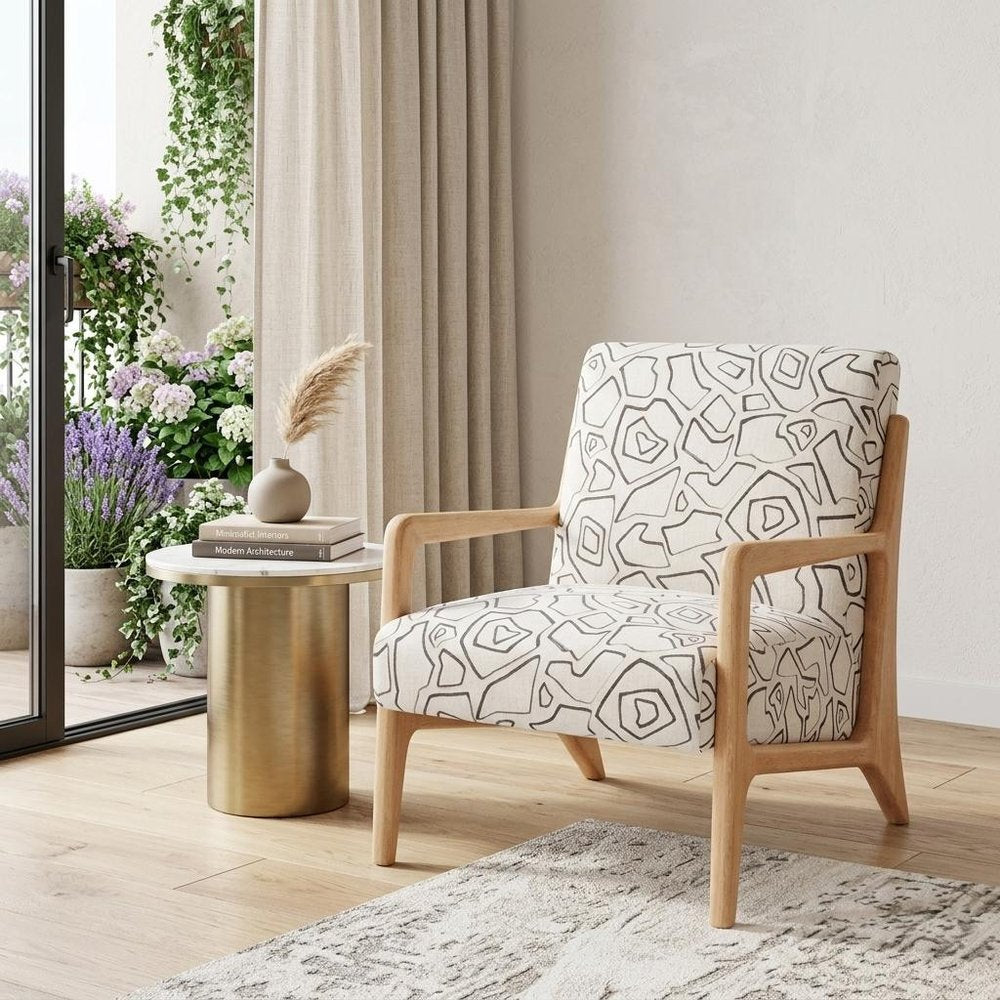 27" Beige and Natural Upholstered Geometric Arm Chair HomeRoots