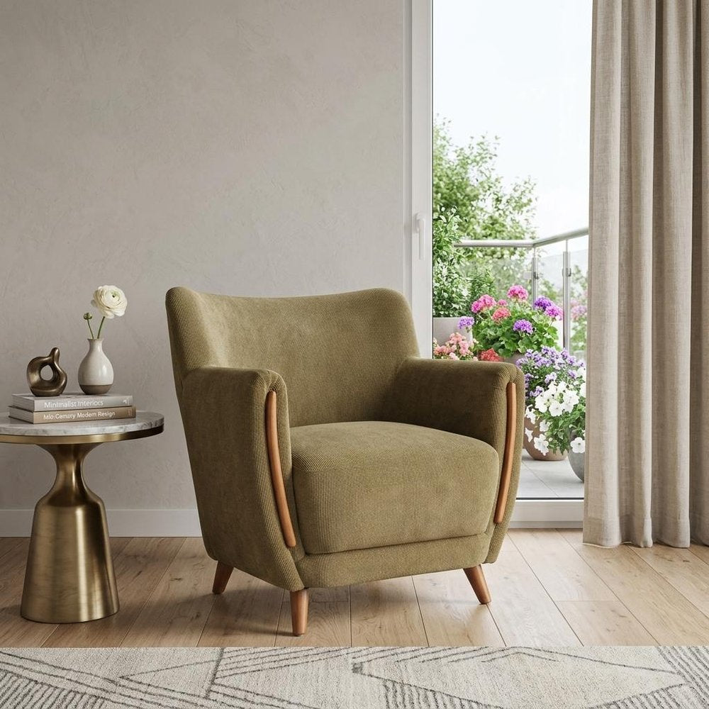 34" Green and Brown Upholstered Arm Chair HomeRoots