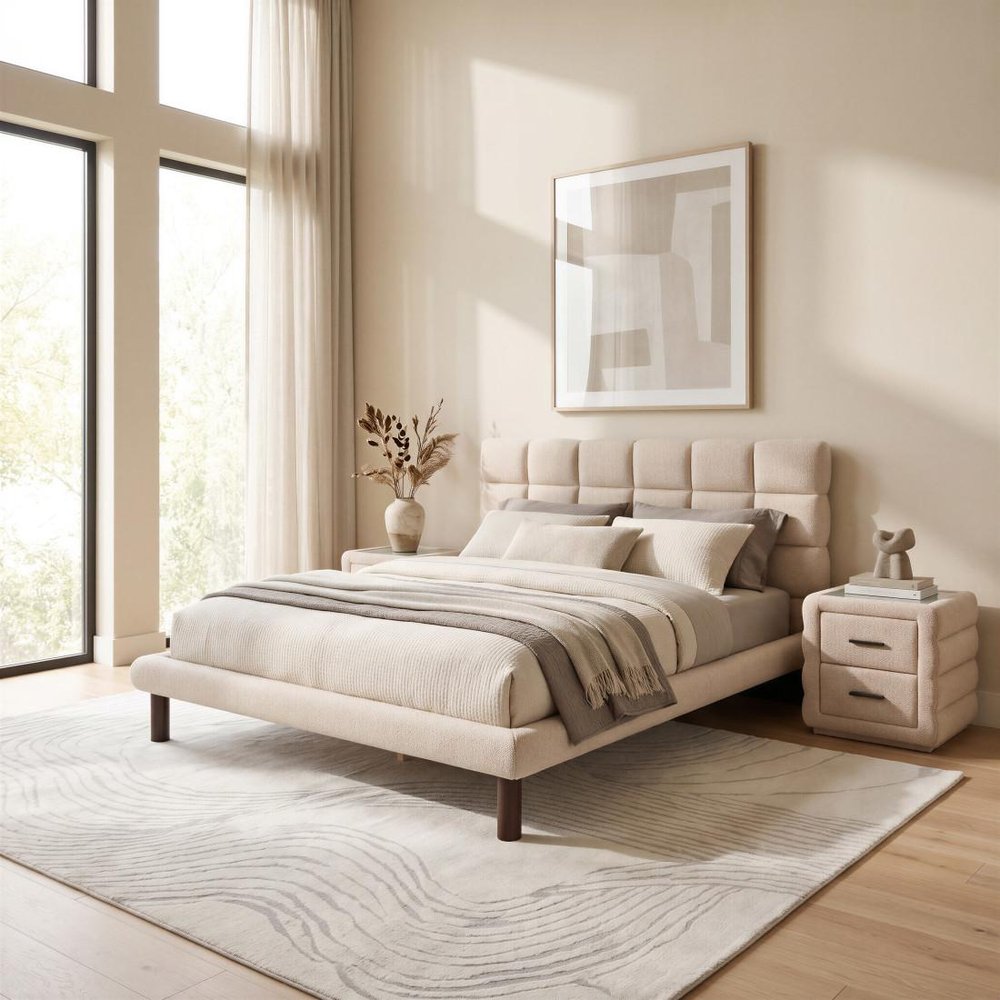 Beige Upholstered King Bed Frame — view 11