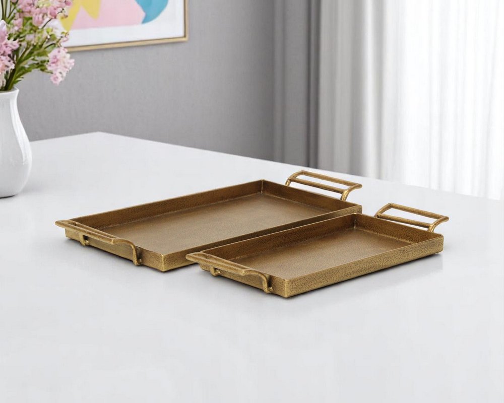 Set of Two Gold Cast Iron Handmade Vanity Trays With Handles HomeRoots