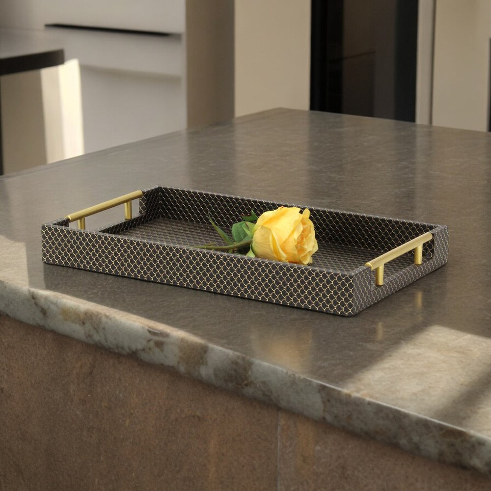 16" Black And Gold Geometric Print Handmade Serving Tray