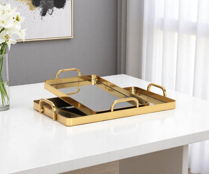 Set of Two Gold And Mirrored Glass Handmade Serving Trays HomeRoots