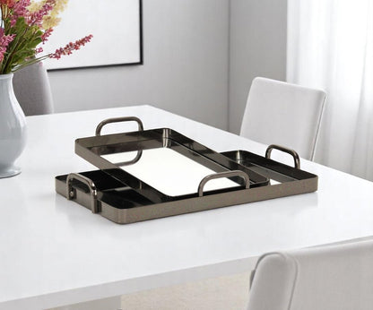 Set of Two Pewter Aluminum And Mirrored Glass Handmade Serving Trays HomeRoots