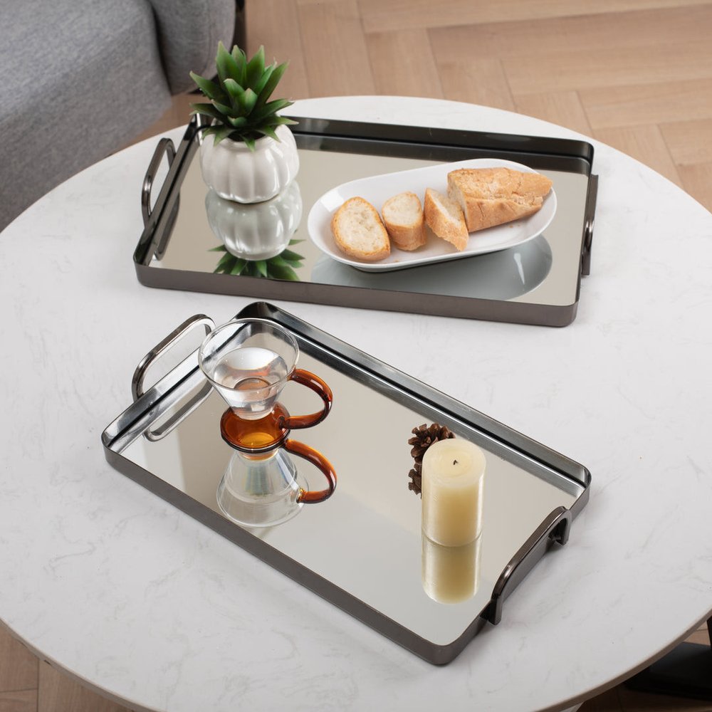 Set of Two Pewter Aluminum And Mirrored Glass Handmade Serving Trays — view 1