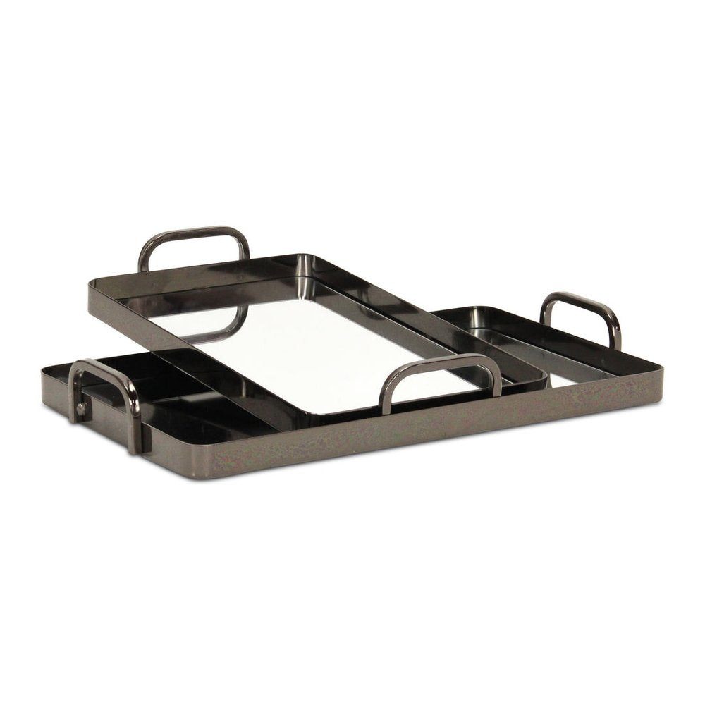Set of Two Pewter Aluminum And Mirrored Glass Handmade Serving Trays — view 2