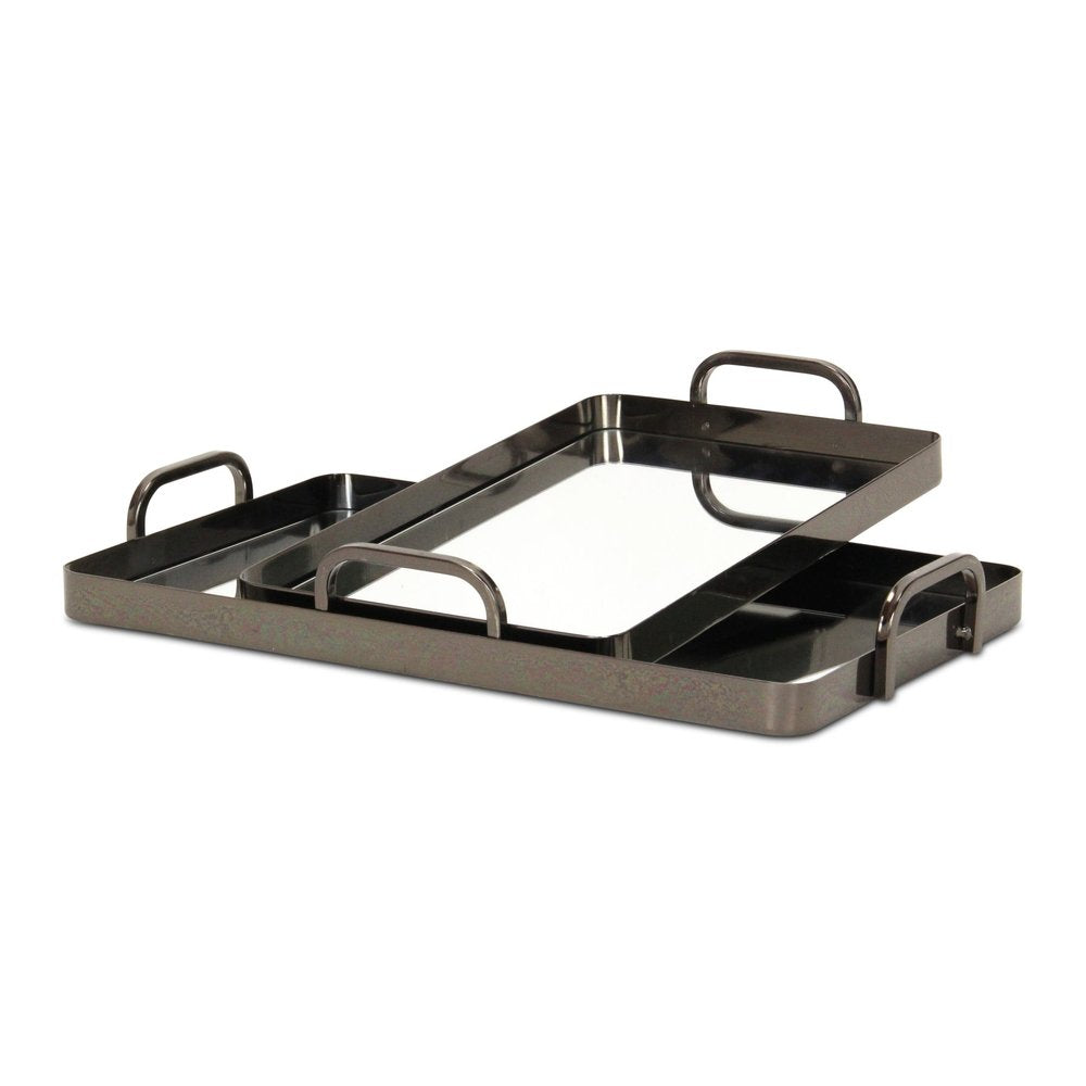 Set of Two Pewter Aluminum And Mirrored Glass Handmade Serving Trays HomeRoots