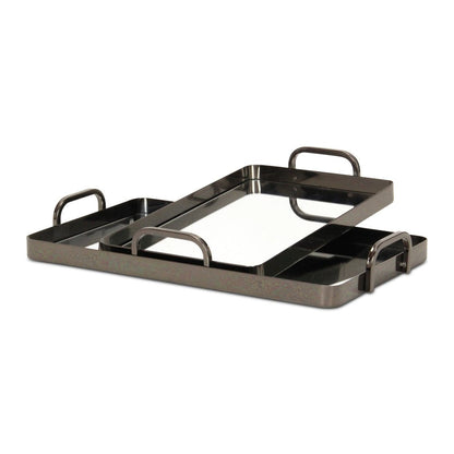 Set of Two Pewter Aluminum And Mirrored Glass Handmade Serving Trays HomeRoots