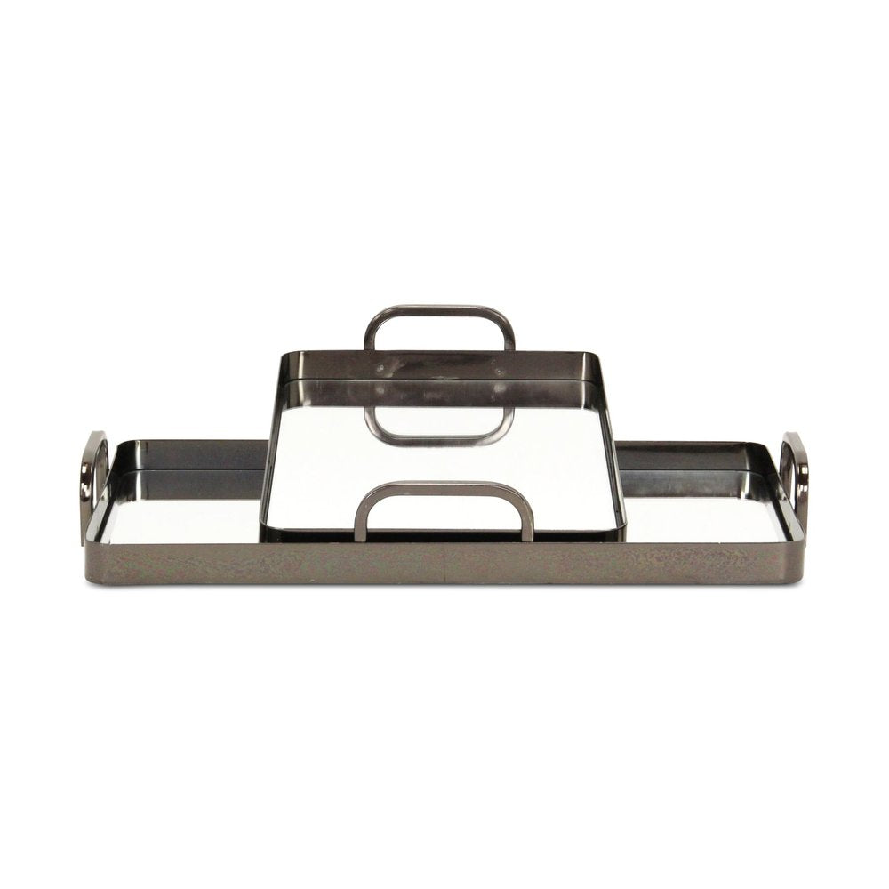 Set of Two Pewter Aluminum And Mirrored Glass Handmade Serving Trays HomeRoots