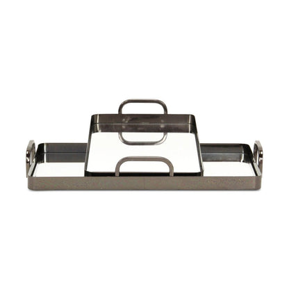 Set of Two Pewter Aluminum And Mirrored Glass Handmade Serving Trays HomeRoots