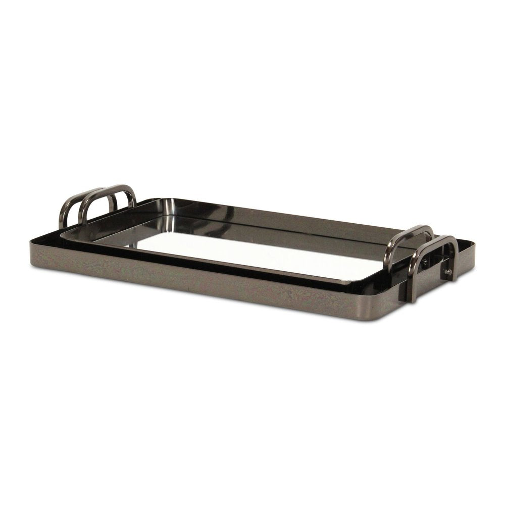 Set of Two Pewter Aluminum And Mirrored Glass Handmade Serving Trays — view 6