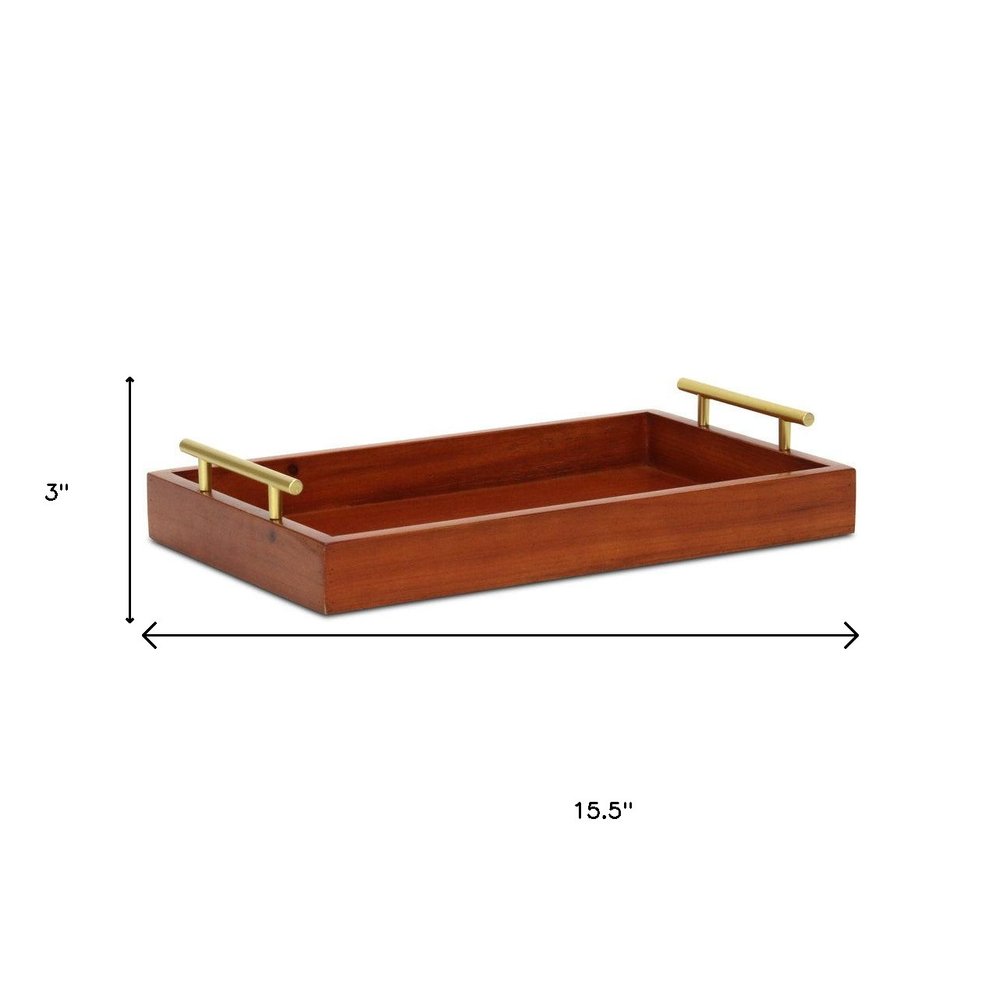 16" Brown And Gold Solid Wood Handmade Serving Tray With Handles HomeRoots