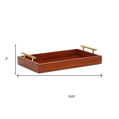 16" Brown And Gold Solid Wood Handmade Serving Tray With Handles HomeRoots