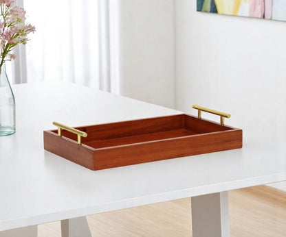 16" Brown And Gold Solid Wood Handmade Serving Tray With Handles HomeRoots