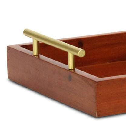 16" Brown And Gold Solid Wood Handmade Serving Tray With Handles HomeRoots