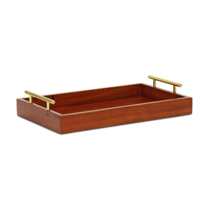 16" Brown And Gold Solid Wood Handmade Serving Tray With Handles HomeRoots