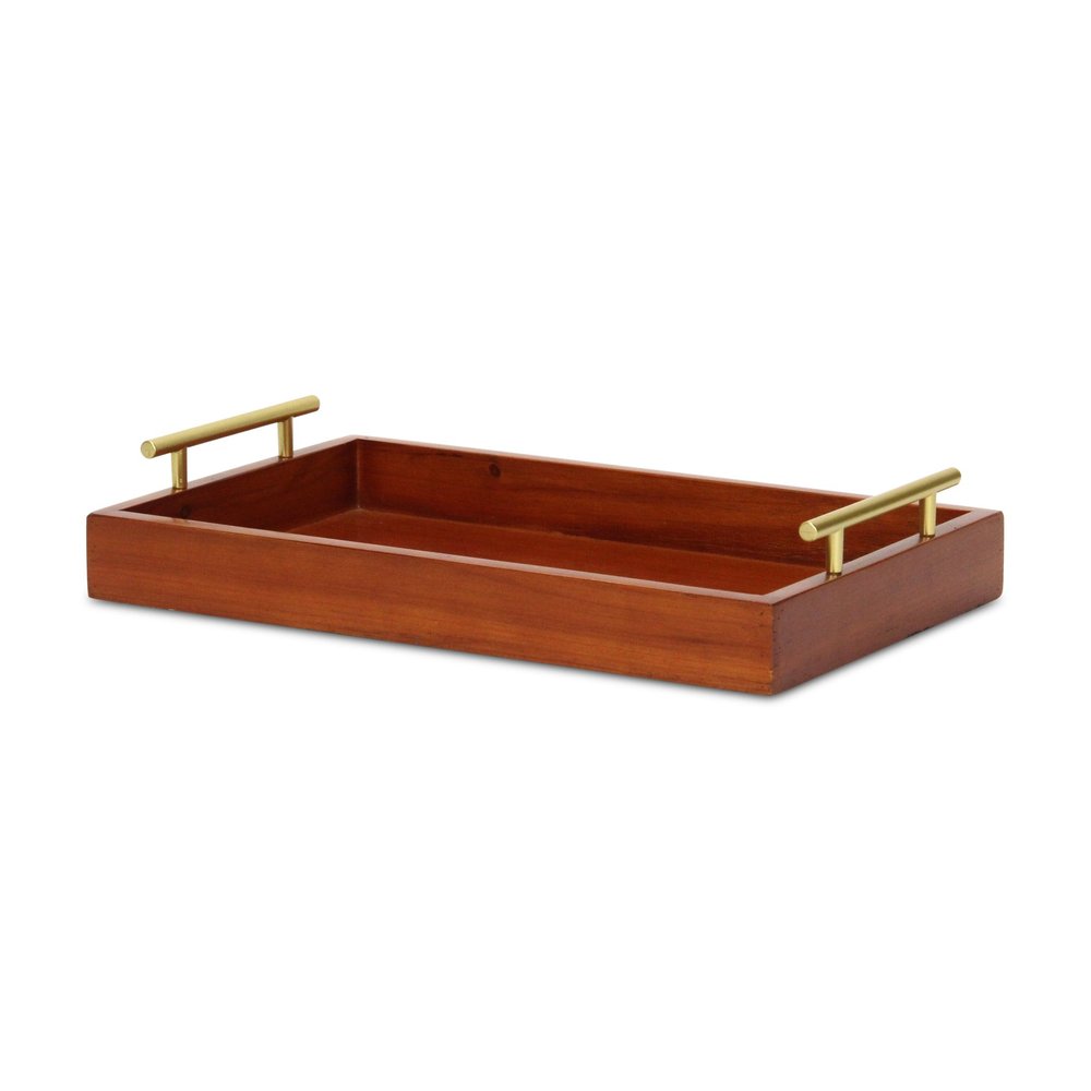 16" Brown And Gold Solid Wood Handmade Serving Tray With Handles HomeRoots