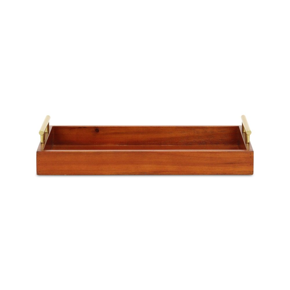 16" Brown And Gold Solid Wood Handmade Serving Tray With Handles HomeRoots