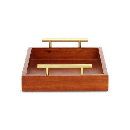 16" Brown And Gold Solid Wood Handmade Serving Tray With Handles HomeRoots