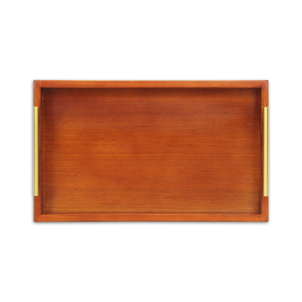 16" Brown And Gold Solid Wood Handmade Serving Tray With Handles HomeRoots