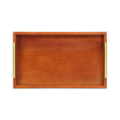 16" Brown And Gold Solid Wood Handmade Serving Tray With Handles HomeRoots