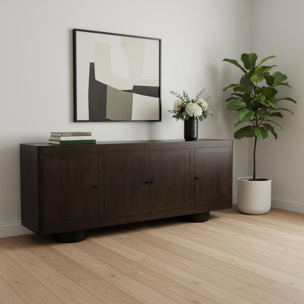 80" Dark Brown Distressed Solid Wood Sideboard Soft Close with Four Doors HomeRoots