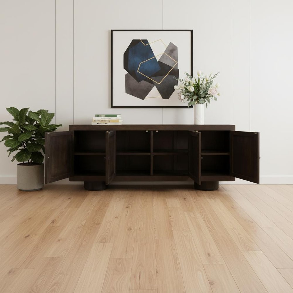 80" Dark Brown Distressed Solid Wood Sideboard Soft Close with Four Doors HomeRoots