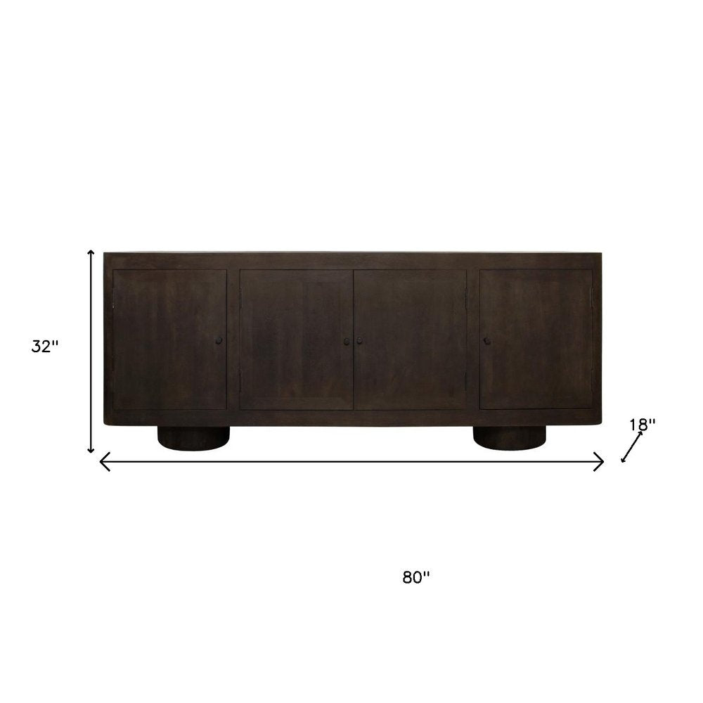80" Dark Brown Distressed Solid Wood Sideboard Soft Close with Four Doors HomeRoots