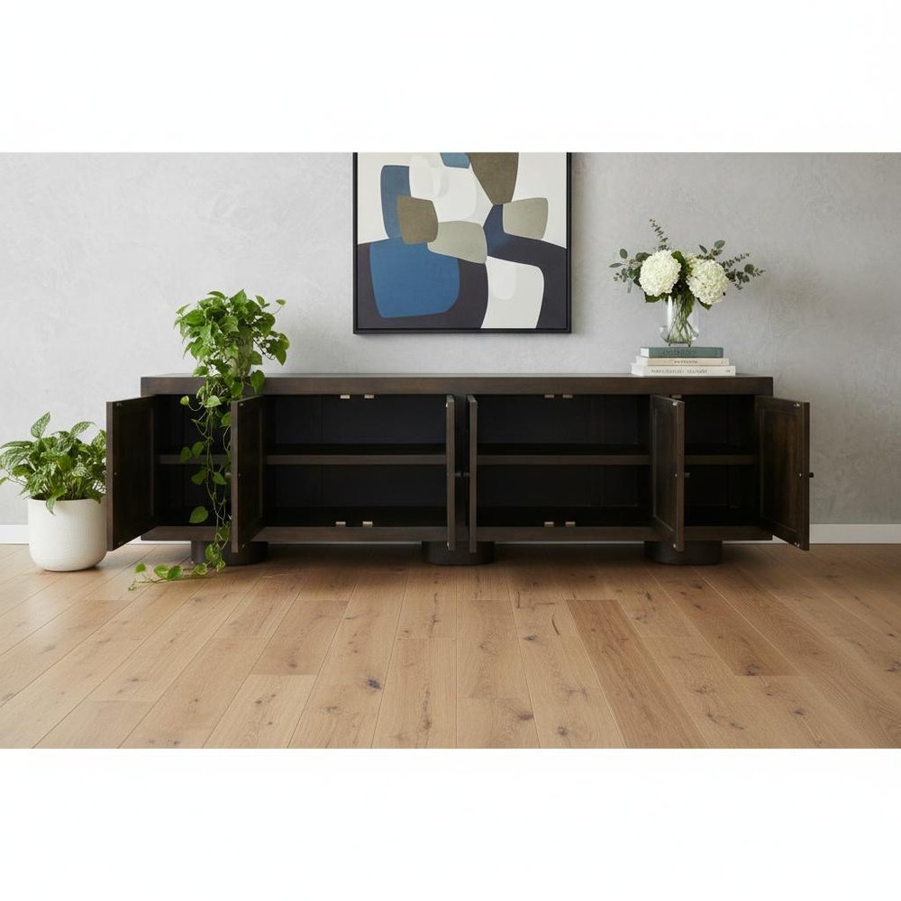 108" Dark Brown Distressed Solid Wood Sideboard Soft Close with Six Doors HomeRoots