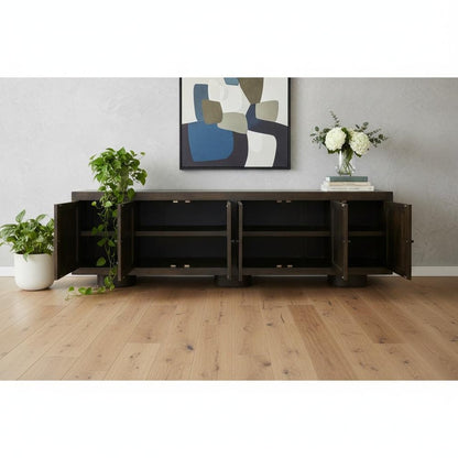 108" Dark Brown Distressed Solid Wood Sideboard Soft Close with Six Doors HomeRoots