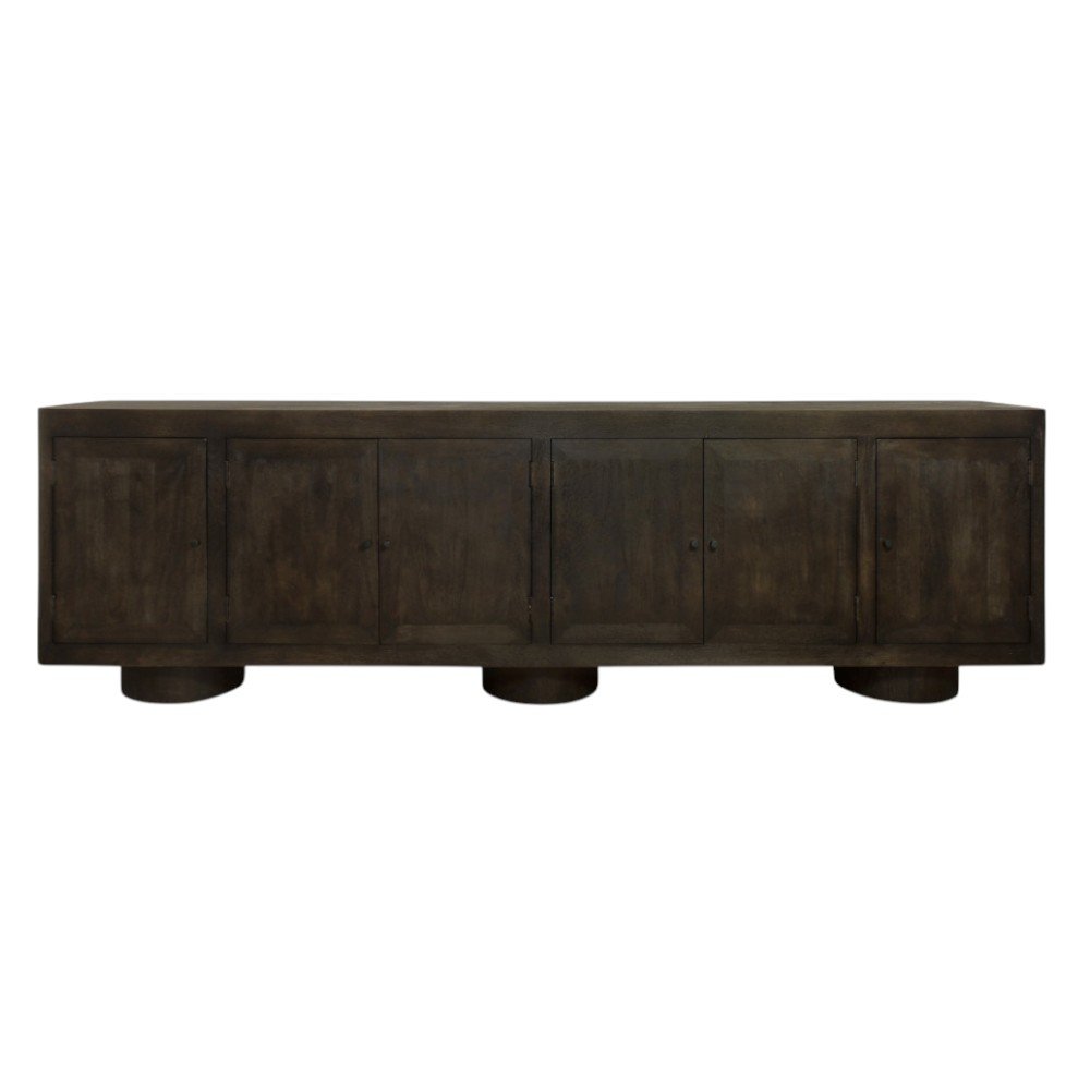 108" Dark Brown Distressed Solid Wood Sideboard Soft Close with Six Doors HomeRoots
